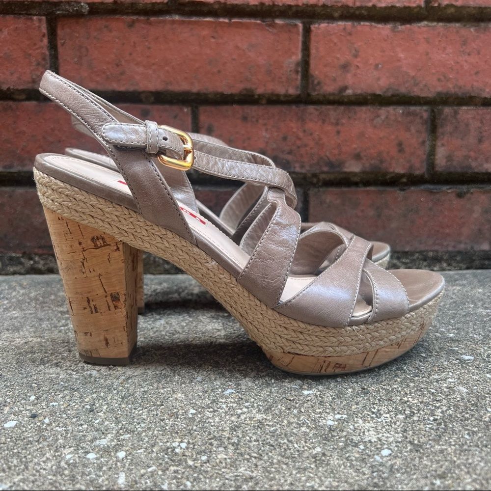 Prada Gray Leather and Cork Chunky Heel Size 38.5